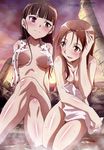  absurdres bathing blush body_blush breasts brown_eyes brown_hair cleavage cloud convenient_arm convenient_leg covered_nipples covering crossed_legs heterochromia highres long_hair medium_breasts minna-dietlinde_wilcke multiple_girls nude nude_cover nyantype official_art onsen open_mouth outdoors polka_dot_towel purple_eyes red_eyes red_hair sakamoto_mio scan shiny shiny_hair shiny_skin sitting sky smile strike_witches tamura_masafumi towel towel_around_neck twilight water wet white_towel world_witches_series 