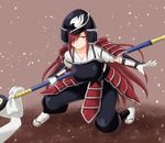  covered_eye crouching erza_scarlet fairy_tail helmet long_hair red_hair samurai solo spear weapon zzzjjack 