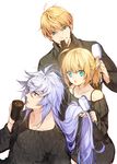  2boys adjusting_another's_hair ahoge alternate_costume aqua_eyes arthur_pendragon_(fate) artoria_pendragon_(all) blonde_hair blue_eyes commentary_request cup fate/grand_order fate/prototype fate/stay_night fate_(series) holding long_hair long_sleeves merlin_(fate) multiple_boys open_mouth pepper_fever ponytail purple_eyes saber_lily smile white_hair 