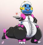  2017 3_toes alcohol anthro bell belly beverage bub bubble_bobble bubble_dragon claws clothed clothing crossdressing digital_drawing_(artwork) digital_media_(artwork) dragon girly gradient_background hi_res maid_uniform male open_mouth plate ribbons rubber scalie shiny simple_background smile solo standing stormdragonblue tail_bow tail_ribbon taito toe_claws toes uniform zipper 
