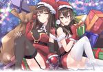  artist_name blush brown_eyes brown_hair candy christmas christmas_present commentary_request dinergate_(girls_frontline) food garter_straps gift girls_frontline hakuya_(white_night) hat lollipop long_hair looking_at_viewer multiple_girls qbz-95_(girls_frontline) qbz-97_(girls_frontline) santa_hat signature smile snowflakes thighhighs 