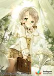  angel_wings bag brown_legwear candle candlestand flower green_eyes grey_hair handbag looking_at_viewer medium_hair official_art original plaid plaid_skirt qurare_magic_library siloteddy skirt solo standing table thighhighs white_flower wings 