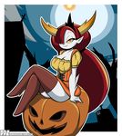  2017 big_breasts breasts cleavage clothed clothing crossed_legs cute_fangs dankodeadzone demon dress female food fruit hair hair_over_eye half-closed_eyes halloween hekapoo holidays horn humanoid long_hair moon not_furry orange_eyes outside pointy_ears pumpkin red_hair sitting solo star_vs._the_forces_of_evil thigh_boots white_skin yellow_sclera 
