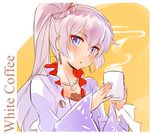  2hands1cup blowing blue_eyes blush cup dress earrings english eyebrows_visible_through_hair eyelashes highres holding holding_cup iesupa jewelry long_hair long_sleeves looking_at_viewer necklace parted_lips pendant rwby scar scar_across_eye side_ponytail silver_hair slit_pupils solo steam tsurime upper_body weiss_schnee white_dress wide_sleeves yellow_background 