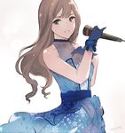  alternate_hair_color artist_name bad_id bad_pixiv_id bangs bare_arms bare_shoulders blue_bow blue_dress blue_gloves blunt_bangs blush bodice bow brown_hair dress eternal_bloom_(idolmaster) floral_print glove_bow gloves green_eyes hand_on_own_chest holding holding_microphone idolmaster idolmaster_cinderella_girls idolmaster_cinderella_girls_starlight_stage long_hair looking_at_viewer microphone parted_lips sash shibuya_rin shino_(mufn5785) sleeveless sleeveless_dress solo sparkle upper_body wavy_hair 