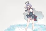  belt black_capelet black_dress black_gloves boots_removed breasts capelet closed_eyes dress gloves highres kantai_collection kasoku_souchi large_breasts mechanical_halo neck_ribbon purple_hair remodel_(kantai_collection) ribbon skirt_hold solo tatsuta_(kantai_collection) wading water 