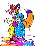  2016 4_fingers anthro blush canine claws clothed clothing clown digital_drawing_(artwork) digital_media_(artwork) dipstick_tail footwear fox fur goo_transformation hair liquid_latex male mammal markings multicolored_fur multicolored_tail open_mouth orange_fur red_hair rubber shiny shoes simple_background solo sound_effects standing sweat tanukeki teeth text toes transformation white_background white_fur 