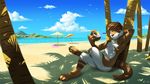  4_toes anthro brown_fur brown_hair day detailed_background digital_media_(artwork) fur hair looking_at_viewer male mammal mustelid otter outside pelboy sitting sky smile solo toes 