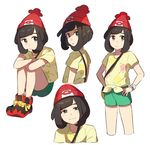  bag beanie black_hair from_side green_shorts handbag hat looking_to_the_side mizuki_(pokemon) pokemon pokemon_(game) pokemon_sm red_hat shirt short_hair short_sleeves shorts simple_background sitting tied_shirt unapoppo white_background z-ring 