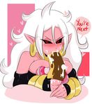  alien android_21 armwear black_sclera blush candy clothing cupcake dragon_ball dragon_ball_fighterz ear_piercing female food hair humanoid jewelry jinu lavender_hair looking_at_viewer machine majin majin_android_21 messy not_furry piercing pink_skin red_eyes suggestive whipped_cream white_hair 