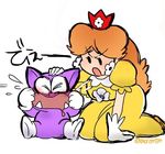  1girl angry blush brown_hair crown crying dress drooling earrings eyelashes flower_earrings gloves hand_on_another&#039;s_head jewelry kneeling long_hair looking_at_another mario_(series) mini_crown nm_qi open_mouth princess_daisy simple_background super_mario_bros. super_mario_land tatanga tears twitter_username white_background white_gloves yellow_dress 