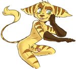  anthro balls clothing erection fur gloves green_eyes lombax maddogfan male mammal mostly_nude penis pose ratchet ratchet_and_clank simple_background sitting smile solo tongue tongue_out video_games 