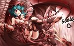  1girl absurdres blue_hair cleavage demon_wings fang feet legwear one_leg_raised open_mouth pantyshot red_eyes remilia_scarlet shoes_removed single_shoe soles toes torn_legwear touhou umbrella 