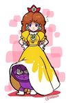  1girl brown_hair crown dress earrings fang flower_earrings gloves hand_on_another&#039;s_head hands_on_hips jewelry kneeling long_hair looking_at_viewer looking_to_the_side mario_(series) mini_crown nm_qi parted_lips princess_daisy standing super_mario_bros. super_mario_land tatanga tears twitter_username under_skirt white_background white_gloves yellow_dress 
