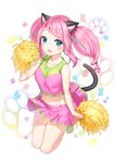  :3 :d animal_ears aqua_hair bad_id bad_pixiv_id bare_arms blue_eyes blush breasts cat_ears cat_tail cheerleader collarbone confetti crop_top eyebrows_visible_through_hair full_body hashimoto_nyaa highres holding jumping legs_up long_hair looking_at_viewer marmoset_(marmoset0) medium_breasts midair midriff multicolored_hair navel open_mouth osomatsu-san paw_background pink_hair pink_skirt pleated_skirt pom_poms shirt sidelocks skirt sleeveless sleeveless_shirt smile solo sparkle tail twintails water_drop whisker_markings 