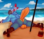  anthro avian backsack balls beach big_balls blush breath_of_the_wild butt kass_(zelda) looking_at_viewer looking_back lying male nintendo nude on_front raised_tail rear_view rito sea seaside solo spread_legs spreading the_legend_of_zelda video_games water zackary911 