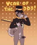  2018 anthro balls black_hair cane canine castbound dog english_text erection hair hat humanoid_penis looking_at_viewer male mammal necktie penis pose retracted_foreskin smile solo standing text top_hat uncut vein veiny_penis 