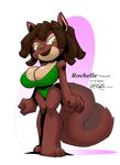  2018 3_toes 5_fingers anthro big_breasts bigdad breasts brown_hair cleavage clothed clothing female fluffy fluffy_tail fur green_eyes hair kencougr looking_at_viewer mammal multicolored_fur one-piece_swimsuit rochelle_(rochelle) rodent short_hair simple_background smile solo squirrel standing swimsuit toes two_tone_fur 
