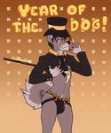  2018 anthro black_hair bulge cane canine castbound clothing dog english_text hair hat jockstrap looking_at_viewer male mammal necktie pose smile solo standing text top_hat underwear 