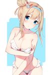  bikini blonde_hair blue_eyes blush breasts cleavage collarbone cowboy_shot eyebrows_visible_through_hair frilled_bikini frills gin00 girls_frontline hair_between_eyes hair_ornament halterneck head_tilt headband highres large_breasts looking_at_viewer side-tie_bikini sidelocks simple_background solo suomi_kp31_(girls_frontline) swimsuit undone white_bikini 