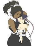  2girls artist_request back black_hair bleach blue_hair blush bodysuit dark_skin eyes_closed hug long_hair multiple_girls ponytail shihouin_yoruichi short_hair smile spandex sui-feng tan tan_skin tanned yuri 