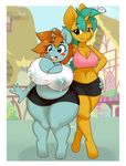  2017 anthro belly big_breasts blush breast_grab breast_size_difference breasts buckteeth cleavage clothed clothing crossgender digital_media_(artwork) duo equine female friendship_is_magic hand_on_breast hand_on_hip hi_res horn huge_breasts kloudmutt lactating mammal midriff milk my_little_pony navel overweight overweight_female ponyville public slightly_chubby snails_(mlp) snips_(mlp) teeth thick_thighs unicorn wide_hips 