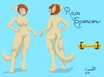  anthro basitin blue_background breasts chest_tuft digitigrade english_text eyewear fan_character female floof front_view fur glasses hair looking_at_viewer mammal model_sheet nipple_piercing nipples nude piercing pussy rain_spencer ranoa02 rear_view short_hair simple_background smile tan_fur text tuft twokinds 