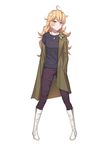  ahoge alternate_costume black_sweater blonde_hair blush boots bow braid casual closed_mouth coat du_mogu eyebrows_visible_through_hair green_bow green_coat hair_bow hand_in_pocket highres jewelry kirisame_marisa knee_boots legs_apart long_hair long_sleeves looking_at_viewer necklace no_hat no_headwear off_shoulder open_clothes open_coat pants pendant pigeon-toed purple_pants shiny shiny_hair simple_background solo standing sweater touhou white_background white_footwear yellow_eyes 