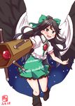  absurdres arm_cannon artist_logo bird_wings black_eyes black_hair black_wings bow commentary_request cosplay dated dress frilled_skirt frills full_body green_bow green_skirt hair_bow highres kanon_(kurogane_knights) kantai_collection katsuragi_(kantai_collection) long_hair look-alike looking_at_viewer perspective puffy_short_sleeves puffy_sleeves reiuji_utsuho reiuji_utsuho_(cosplay) short_sleeves simple_background skirt solo touhou weapon white_background wings 