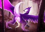  2018 anus arith avian beak butt cum cum_drip dripping feathered_wings feathers feral forest fur gryphon looking_at_viewer looking_back male outside penis purple_feathers purple_fur raised_tail rear_view solo tapering_penis tree twstacker wings 