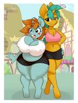  2017 anthro belly big_breasts blush breast_grab breast_size_difference breasts buckteeth cleavage clothed clothing crossgender digital_media_(artwork) duo equine female friendship_is_magic hand_on_breast hand_on_hip hi_res horn huge_breasts kloudmutt mammal midriff my_little_pony navel overweight overweight_female ponyville public simple_background slightly_chubby snails_(mlp) snips_(mlp) teeth thick_thighs unicorn wide_hips 