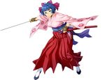  blue_eyes blue_hair cosplay fingerless_gloves gloves hakama holding holding_sword holding_weapon inui_honoka japanese_clothes katana long_sleeves looking_at_viewer obi official_art rimless_eyewear round_eyewear sakura_taisen sash scabbard sheath shinguuji_sakura short_hair simple_background smile solo standing super_robot_wars super_robot_wars_x-omega sword watanabe_wataru weapon 