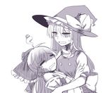  =_= bow breasts carrying d: detached_sleeves drooling drunk giving_up_the_ghost hair_bow hair_tubes hakurei_reimu halo hangover hat holding hug keiko_(emoticon) kirisame_marisa large_bow long_hair monochrome multiple_girls open_mouth puffy_short_sleeves puffy_sleeves short_sleeves small_breasts sweat touhou vest witch_hat 
