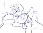  3_toes 4_fingers anthro bed blue_and_white blush bone_frill breasts butt ceratopsian clothed clothing dinosaur eyelashes female frill head_frill jurassiczalar looking_at_viewer monochrome non-mammal_breasts on_bed panties scalie sketch solo toes topless triceratops trixie_triceratops underwear 