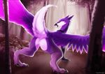  2018 anus arith avian butt feathered_wings feathers feral forest fur gryphon looking_at_viewer looking_back outside purple_feathers purple_fur raised_tail rear_view solo tree twstacker wings 