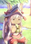  absurdres animal_ears bangs blue_sky blurry blurry_background closed_mouth commentary_request day depth_of_field eyebrows_visible_through_hair furry grass hat highres holding holding_stuffed_animal horns long_hair made_in_abyss multicolored_pants nanachi_(made_in_abyss) on_grass outdoors pants puffy_pants ray_(pixiv9514208) sitting sky solo stuffed_animal stuffed_toy tail very_long_hair whiskers white_hair yellow_eyes 