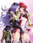  armor armored_boots black_armor black_panties boots bracer breasts camilla_(fire_emblem_if) cape cleavage dress fire_emblem fire_emblem_if garter_straps gloves hand_in_another's_hair hand_in_hair hand_in_panties highres hinoka_(fire_emblem_if) japanese_armor large_breasts lips long_hair multiple_girls panties purple_eyes purple_hair rakusai_(saisai_garou) red_eyes red_hair scarf short_dress short_hair shoulder_armor smile sode spaulders thigh_boots thighhighs thighs tiara underwear vambraces very_long_hair wavy_hair yuri zettai_ryouiki 