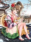  :d animal animal_ears animal_on_lap bangs blue_sky blush bosack brown_eyes brown_hair day dog dog_ears dog_girl dog_tail fang flower full_body hair_between_eyes hair_flower hair_ornament hanbok head_tilt high_heels high_ponytail korean_clothes long_hair long_sleeves looking_at_viewer on_roof open_mouth original outdoors pink_footwear ponytail red_flower rooftop sitting sky smile snow socks solo sunlight tail thick_eyebrows traditional_clothes very_long_hair white_legwear 