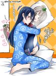  bangs barefoot bed blue_hair blush commentary_request dakimakura_(object) grey_hair hair_between_eyes heart highres hug kisaragi_mizu long_hair looking_at_another love_live! love_live!_school_idol_project minami_kotori multiple_girls one_side_up pajamas peeping pillow pillow_hug sitting sonoda_umi wariza yellow_eyes yuri 