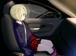  blonde_hair blood blood_stain blush car_interior chain city_lights cityscape commentary_request ear_piercing hair_over_one_eye highres hood hoodie idolmaster idolmaster_cinderella_girls kneehighs looking_at_viewer miniskirt mirror momo_(higanbana_and_girl) night parted_lips piercing pleated_skirt red_eyes seatbelt shirasaka_koume short_hair sitting skirt sleeves_past_fingers sleeves_past_wrists solo striped striped_legwear 
