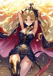  armpits arms_up ass_visible_through_thighs asymmetrical_legwear black_legwear blonde_hair breasts cape commentary_request earrings ereshkigal_(fate/grand_order) eyebrows_visible_through_hair fate/grand_order fate_(series) gold_trim heirou highres jewelry long_hair looking_at_viewer medium_breasts red_cape shiny shiny_hair single_thighhigh skull smile solo thighhighs tiara yellow_eyes 