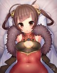  :o ahoge armpits arms_behind_head arms_up azur_lane bangs bed_sheet blunt_bangs breasts brown_eyes brown_hair china_dress chinese_clothes cleavage_cutout commentary_request covered_navel covered_nipples doyouwantto dress eyebrows_visible_through_hair from_above fur-trimmed_jacket fur_trim gold_trim hair_ornament high_collar highres jacket long_hair long_sleeves looking_at_viewer lying on_back open_clothes open_jacket ping_hai_(azur_lane) red_dress shiny shiny_clothes shiny_hair shiny_skin sidelocks signature small_breasts solo twintails upper_body white_jacket 