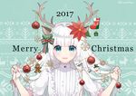  2017 animal_ears antlers bangs blue_eyes blunt_bangs blush box candy candy_cane christmas christmas_ornaments christmas_stocking chrysanthemum english eyebrows_visible_through_hair flower food frilled_sleeves frills gift gift_box gingerbread_man green_background hair_flower hair_ornament hand_in_hair holding holding_hair holly kanno_sayu long_hair looking_at_viewer merry_christmas number original parted_lips reindeer_antlers reindeer_ears shirt short_sleeves smile snowflakes solo star twitter_username upper_body very_long_hair white_hair white_shirt 