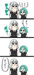  4koma :3 androgynous bkub_(style) chaki_(teasets) comic commentary diamond_(houseki_no_kuni) ei_ei_okotta? elbow_gloves empty_eyes eyebrows_visible_through_hair gem_uniform_(houseki_no_kuni) gloves green_eyes green_hair houseki_no_kuni looking_at_another multicolored_hair multiple_others necktie parody phosphophyllite poptepipic puffy_short_sleeves puffy_sleeves punching rainbow_hair shatter shattering short_sleeves simple_background speech_bubble style_parody translated white_background 