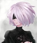  absurdres black_blindfold blindfold breasts cleavage closed_mouth covered_eyes facing_to_the_side floating_hair highres juliet_sleeves kukie-nyan large_breasts long_sleeves looking_away mole mole_under_mouth nier_(series) nier_automata puffy_sleeves shiny shiny_hair short_hair solo turtleneck upper_body white_hair yorha_no._2_type_b 