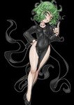  :&lt; bare_legs black_background black_dress cameltoe covered_navel dress flat_chest full_body green_eyes green_hair hand_on_hip looking_at_viewer mersoleil03 messy_hair no_panties one-punch_man pelvic_curtain skin_tight solo standing tatsumaki 