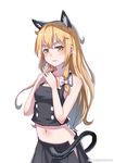  :3 absurdres animal_ears bangs bare_shoulders black_skirt black_vest blonde_hair blush bow cat_ears cat_tail closed_mouth collarbone double-breasted du_mogu hair_bow highres kemonomimi_mode kirisame_marisa long_hair midriff navel no_hat no_headwear own_hands_together shiny shiny_hair skirt sleeveless solo stomach tail touhou upper_body vest weibo_username white_bow yellow_eyes 