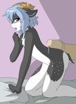  anthro blue_eyes blue_hair blush caprine fur goat grey_fur hair horn intersex kara_(trippledot) male mammal minila nude open_mouth penis white_fur 