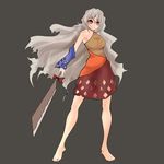  absurdres bare_legs bare_shoulders barefoot bright_pupils closed_mouth commentary_request detached_sleeves dress eyebrows_visible_through_hair full_body grey_background grey_hair hatchet highres holding inoshin_(inixia1748) long_hair looking_to_the_side medium_dress multicolored multicolored_clothes multicolored_dress outstretched_arm red_eyes sakata_nemuno simple_background single_strap smile solo standing touhou very_long_hair white_pupils 