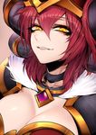  alexstrasza blizzard breasts cleavage close-up highres horns j.k. large_breasts red_hair smile solo warcraft world_of_warcraft yellow_eyes 
